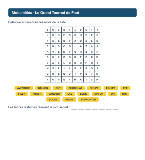 Mots mêlés · Le Grand Tournoi de Foot