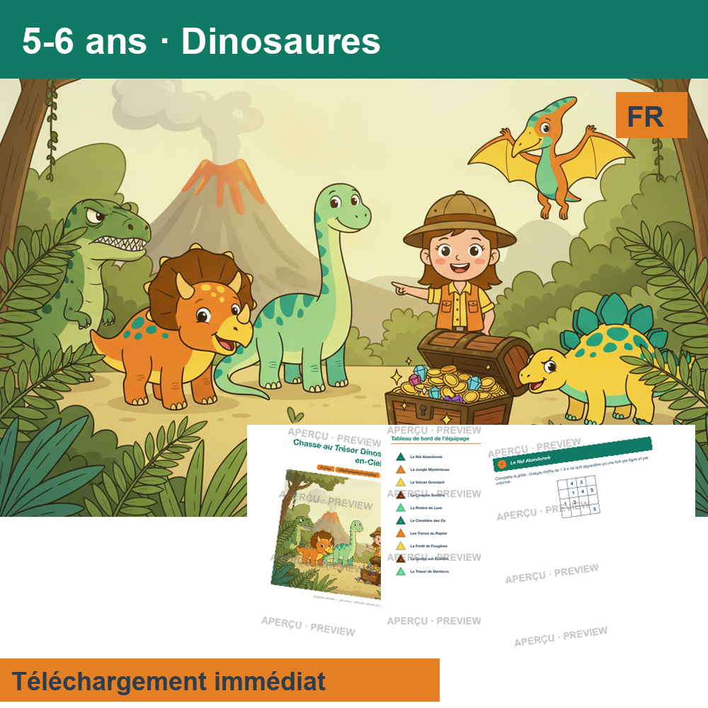 Chasse au trésor (~30 pages) · Dinosaures 5-6 ans