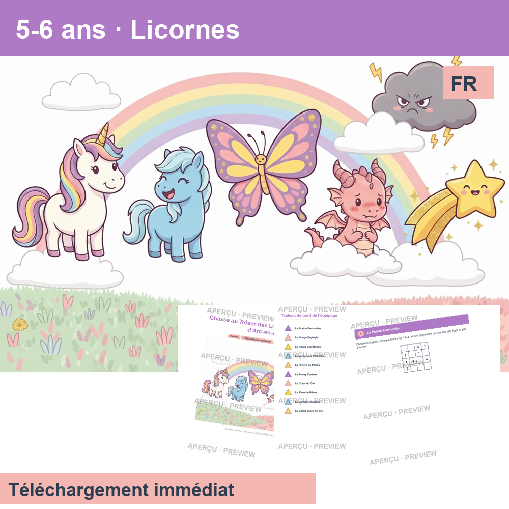 Chasse au trésor (~30 pages) · Licornes 5-6 ans