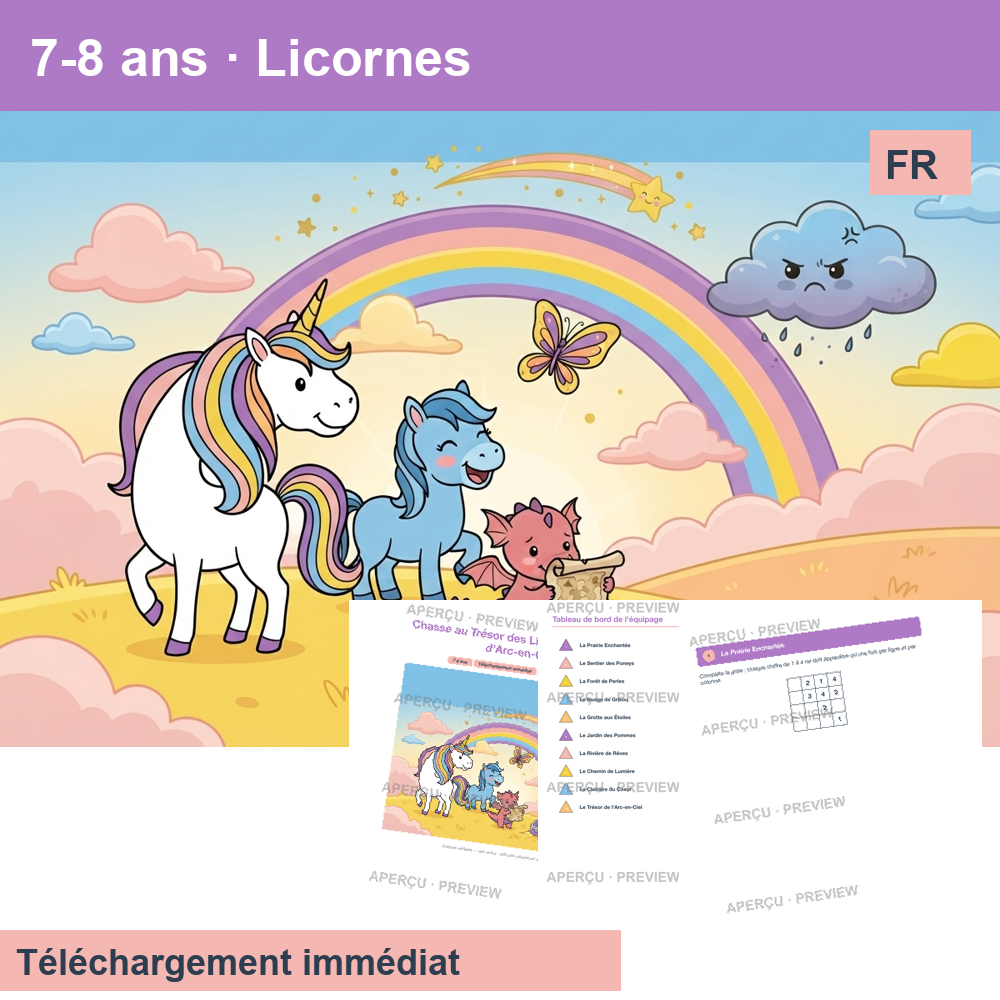 Chasse au trésor (~30 pages) · Licornes 7-8 ans